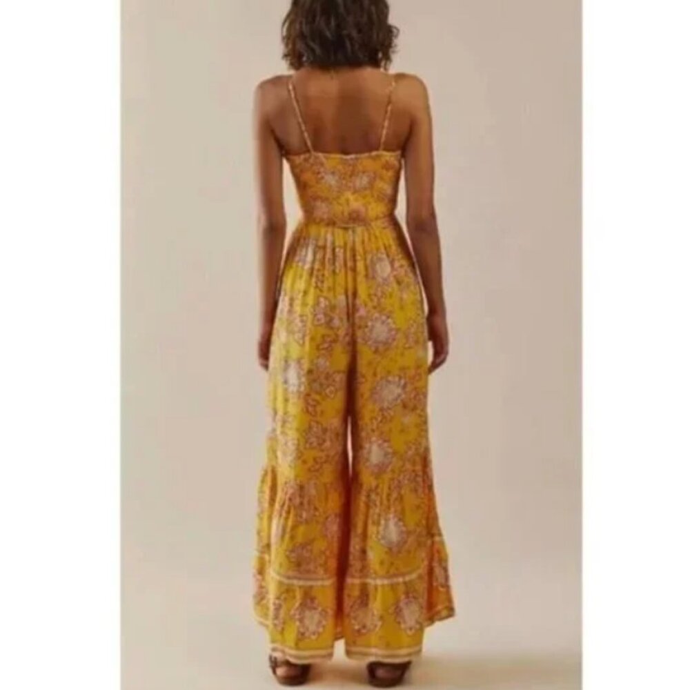 Free People:  Flowy Floral Smocked Jumpsuit, Size XS, Golden Yellow - Picture 4 of 11